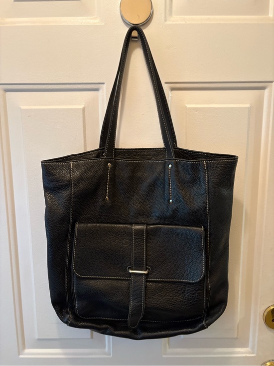 Roots Sorority Tote Handbags - Leather Black Tote with Front Buckle Pocket